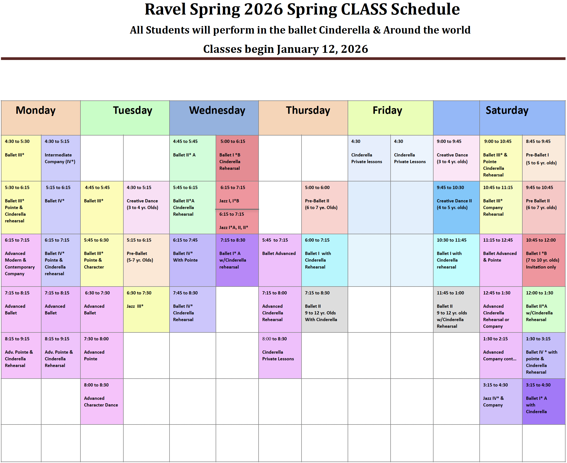 Ravel Dance Studio Spring 2026 weekly class schedule for ballet, pointe, jazz, tap, modern, and company rehearsals in Reston, VA.