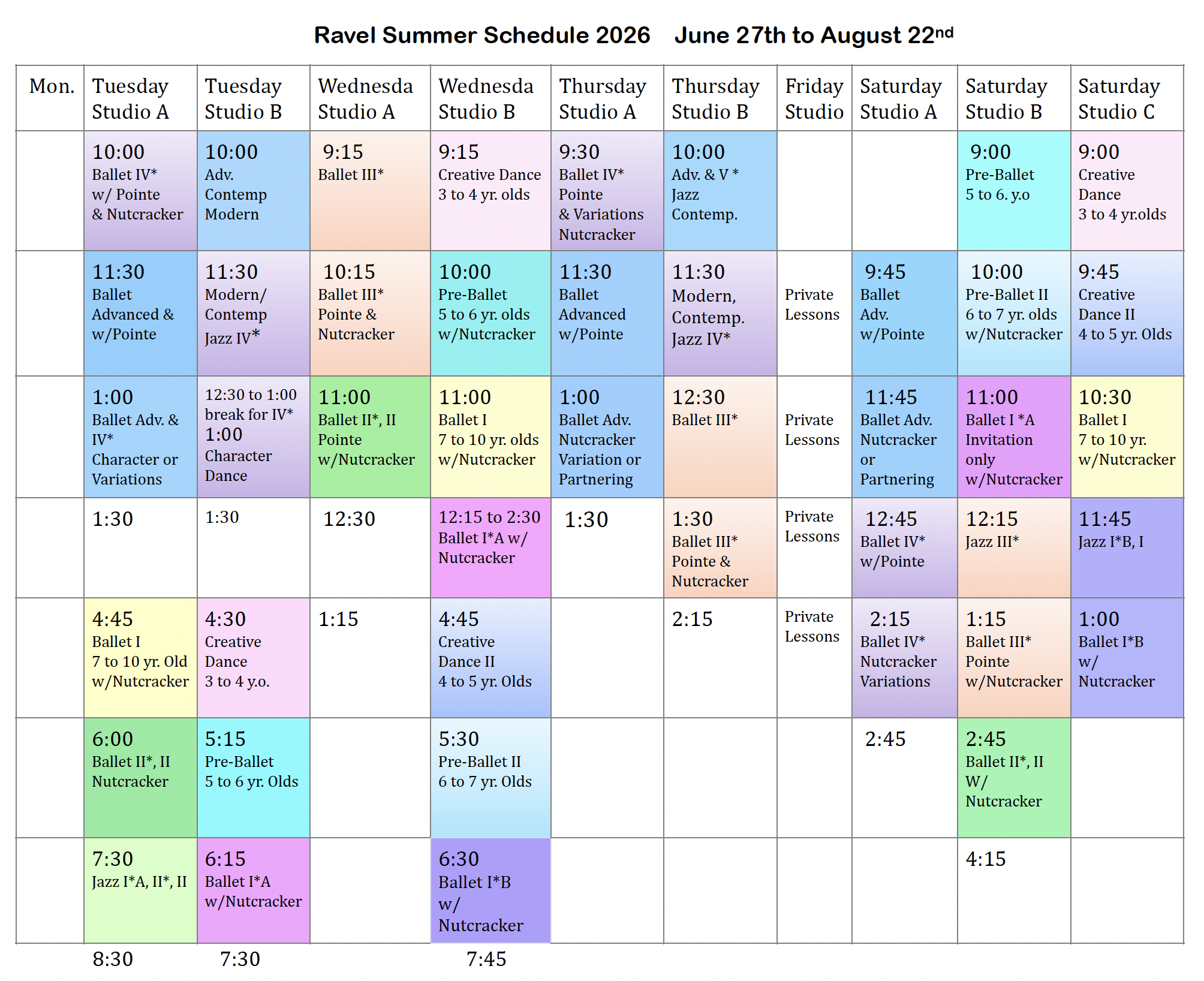 Ravel Dance Summer Schedule